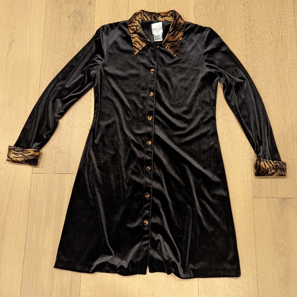 90's Black Velvet Button-Up Dress with Animal Print Accents